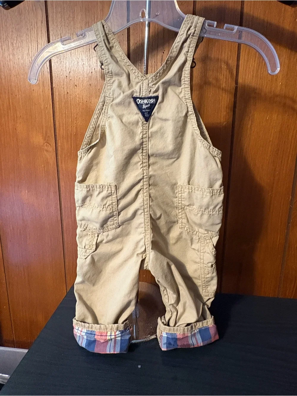 OshKosh B'gosh Beige Overalls with Plaid Cuff